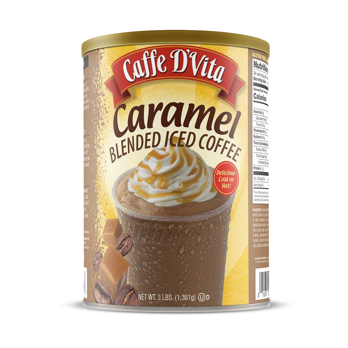 Caffe D’Vita Caramel Blended Ice Coffee - Caramel Frappe Mix, Blended Iced Coffee Mix, Gluten Free, No Cholesterol, No Hydrogenated Oils, No Trans Fat, Caramel Frappuccino Mix - 3 Lb Can