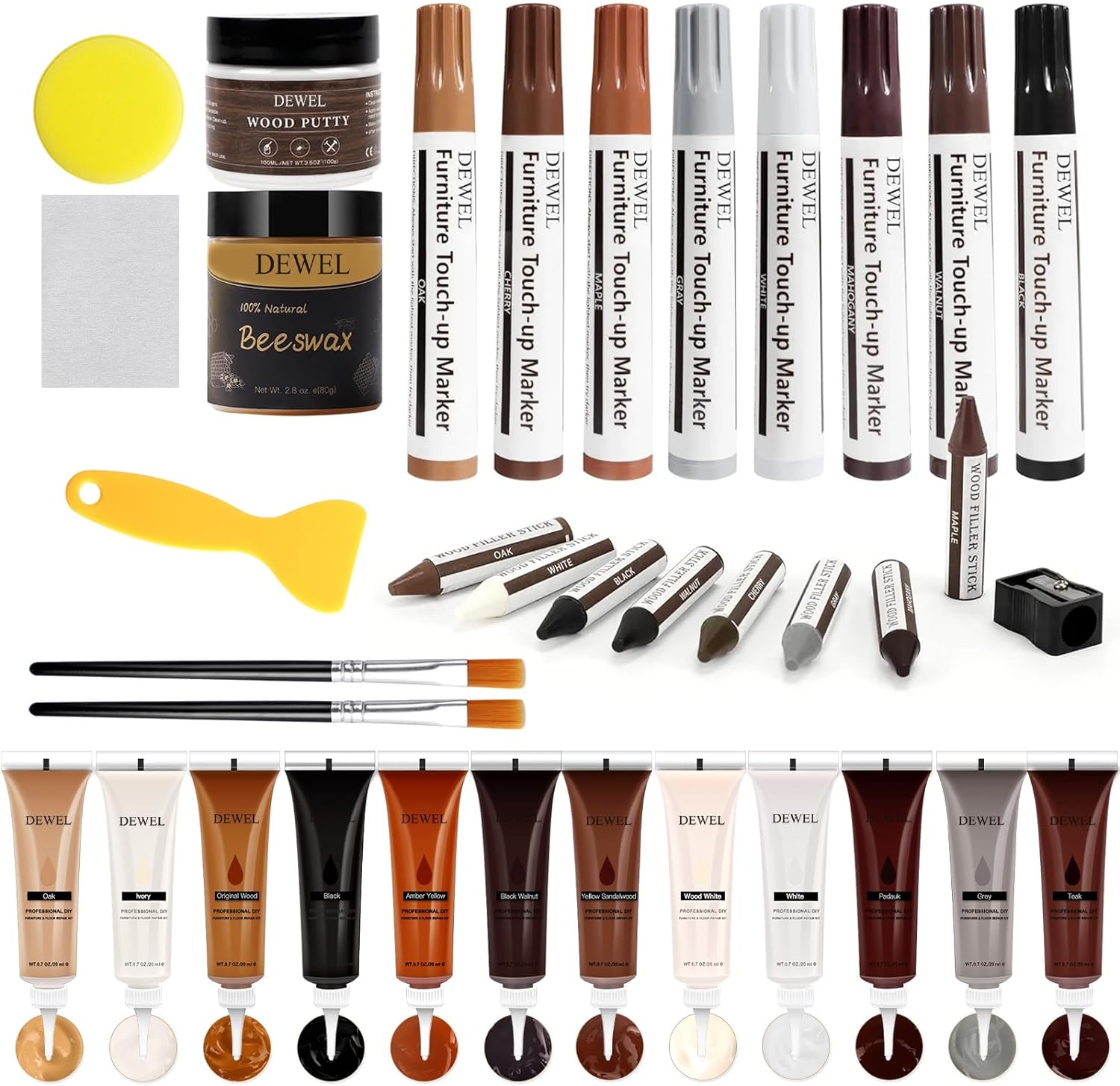 DEWEL Wood Furniture Repair Kit, New Upgrade Wood Fillers, Furniture Touch Up Markers, Wax Sticks, Wood Putty with Beeswax for Cracks, Wood Hole, Scratches, Floor, Table, Door