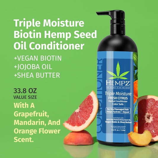 Hempz Biotin Conditioner - Triple Moisture Fresh Citrus - Peach & Grapefruit - For Growth & Strengthening Of Dry, Damaged And Color Treated Hair, Hydrating, Softening, Moisturizing - 33.8 Fl Oz