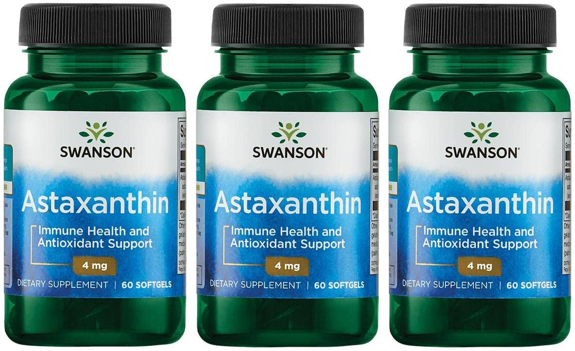 Swanson Astaxanthin Eye Vision Brain Skin Health Antioxidant Support Supplement (Astaxanthin 4 Mg) 60 Softgels Sgels (3 Pack)