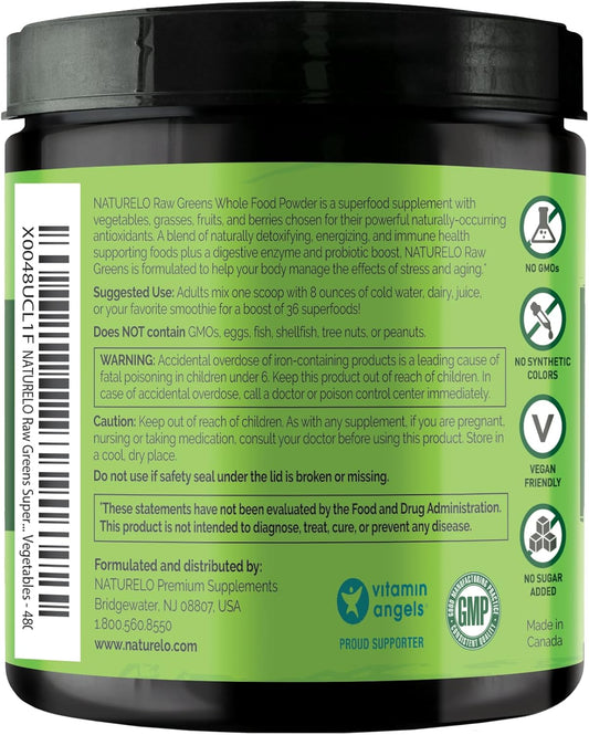 Naturelo Raw Greens Superfood Powder - Unsweetened - Boost Energy, Detox, Enhance Health - Organic Spirulina - Wheat Grass - Whole Food Nutrition From Fruits & Vegetables - 480 Grams