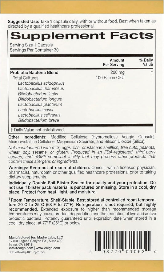 California Gold Nutrition Lactobif Probiotics, 100 Bllion Cfu, 8 Active & Clinically Researched Probiotic Strains, Sugar-Free, Vegetarian, Individually Double-Foil Blister Sealed, 30 Veggie Capsules