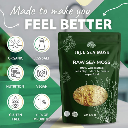 TrueSeaMoss Sea Moss Raw Wild Crafted Seamoss - 100% Irish Sea Moss - Dried Sea Moss Advanced Drink - Clean and Sundried - 100% Vegan (8 Oz)