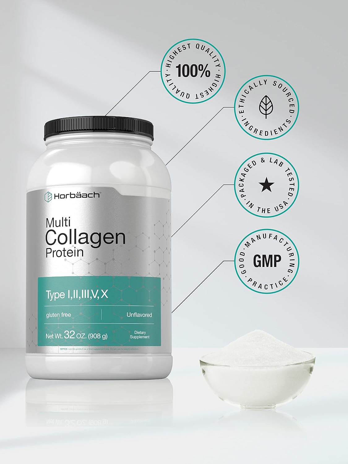 Horbaach Multi Collagen Protein Powder 32 oz | Type I, II, III, V, X | Hydrolyzed Collagen Peptides | Keto & Paleo Friendly | Unflavored & Gluten Free : Health & Household