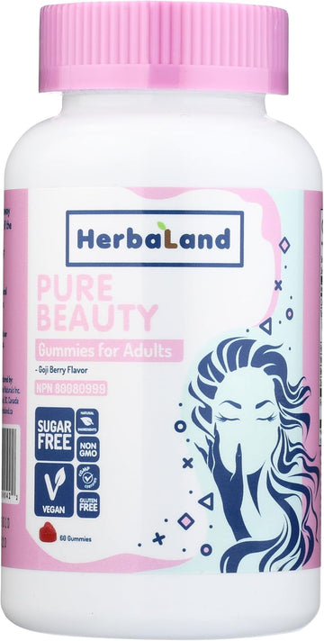 Herbaland Vegan Biotin Beauty Gummies – Contains Biotin, Folate, Vitamin B12, Zinc, Sugar-Free And Gluten-Free, For Healthy Nails, Hair, And Skin – Goji Berry Flavor, 60 Count, Compostable Pouch
