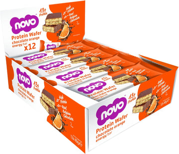 Novo Nutrition Protein Wafer Bars | High Protein Bar, 12G Protein | Protein Bar Alternative | Suitable For Vegetarians | Pack Of 12 X 40G (Chocolate Orange)