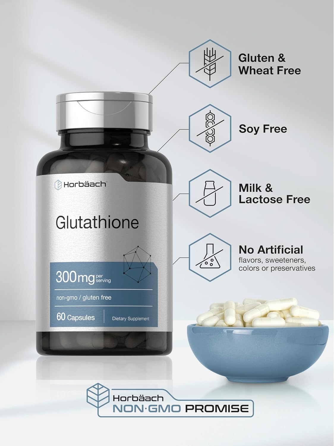 Horbaach Glutathione | 300mg | 60 Capsules | Non-GMO & Gluten Free Supplement | Reduced Form : Health & Household