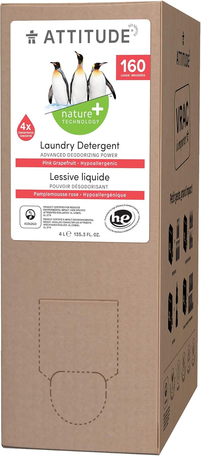 Attitude Liquid Laundry Detergent, Ewg Verified Laundry Soap, He Compatible, Vegan And Plant Based Products, Cruelty-Free, Pink Grapefruit, Bulk Refill, 160 Loads, 135.26 Fl Oz