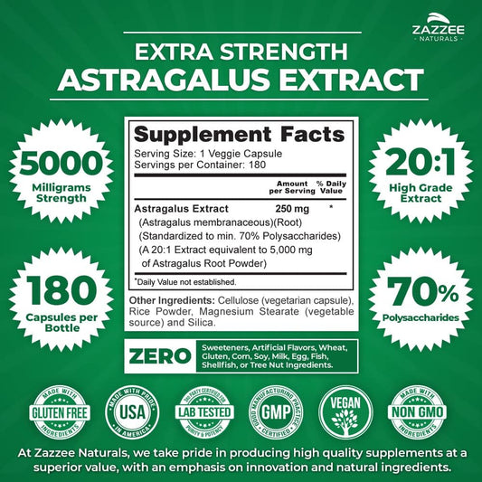 Zazzee Extra Strength Astragalus Root 20:1 Extract, 5000 Mg Strength, 70% Polysaccharides, 180 Vegan Capsules, 6 Month Supply, 100% Vegetarian, Standardized And Concentrated 20X Extract, Non-Gmo