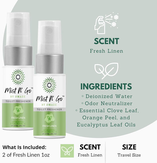 Mist N' Go by OMAZE Fresh Linen Scent Toilet Spray for Poop - Bathroom Spray Odor Eliminator Use Before You Sit On Toilet - Bathroom Poop Spray For Toilet Use For Travelling - Pocket Size (1oz x2)