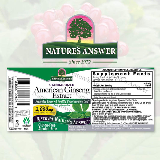 Nature's Answer Ginseng American Root Alcohol-Free, 1-  | Promotes Vitality | Immune Support Booster | Improves Cognitive Function | Natural Energy Increase