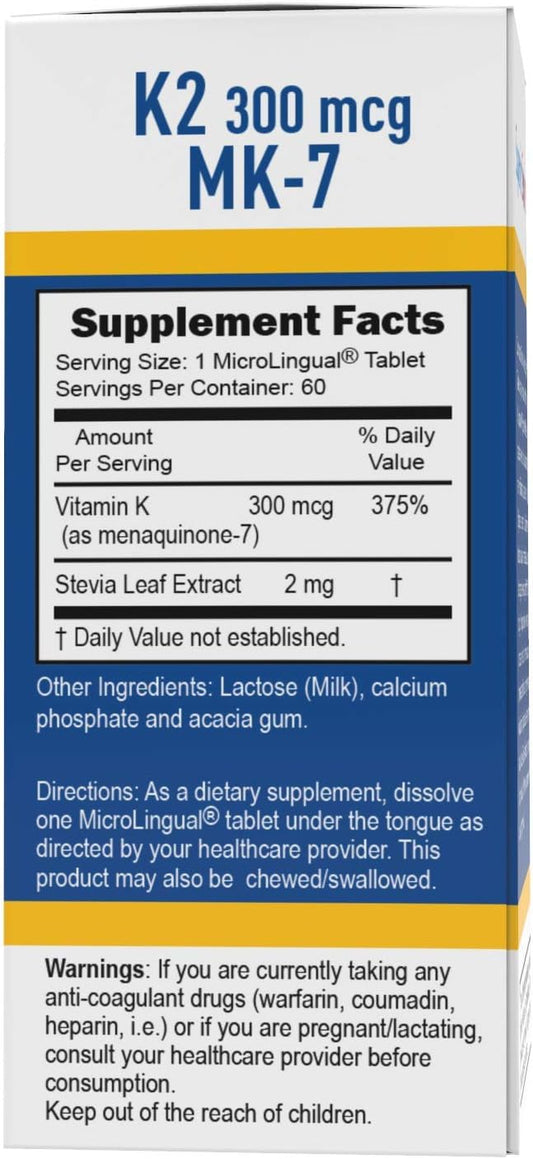 Superior Source Vitamin K2 MK-7 (Menaquinone-7), 300 mcg, Quick Dissolve MicroLignual Tablets, 60 Count, Healthy Bones and Arteries, Immune & Cardiovascular Support, Assists Protein Synthesis, Non-GMO