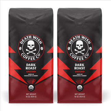 Death Wish Coffee Dark Roast Grounds -16 Oz, 2 Packs Of Bold & Intense Blend Of Arabica & Robusta Beans - Usda Organic Ground Coffee - Double Caffeine For Daily Lift