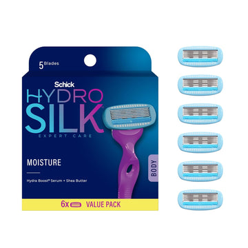 Schick Hydro Silk Moisture Razor Blade Refills, 6 Count | 5-Blade Moisturizing Razors For Women | Womens Moisturizing Razor Refills