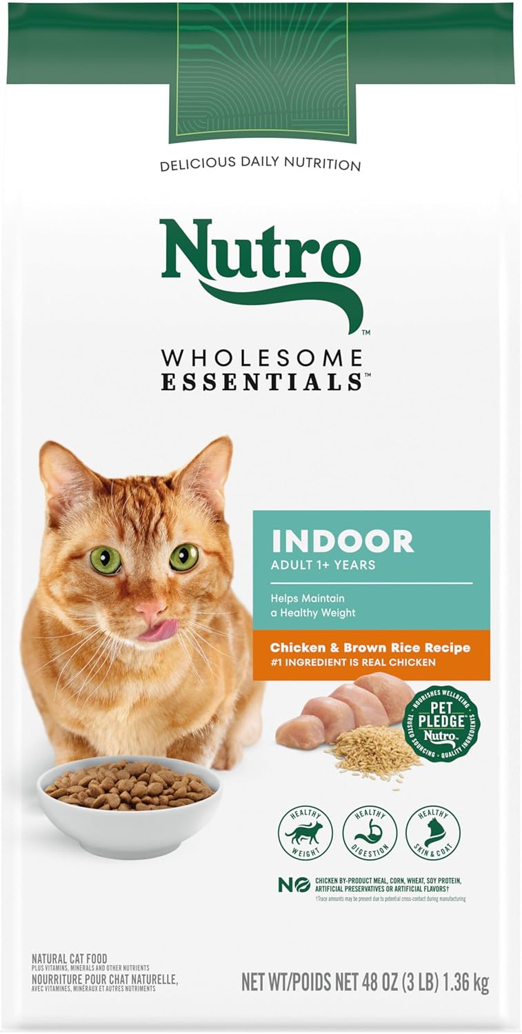 Nutro Wholesome Essentials Adult Indoor Natural Dry Cat Food For Healthy Weight Farm-Raised Chicken & Brown Rice Recipe, 3 Lb. Bag