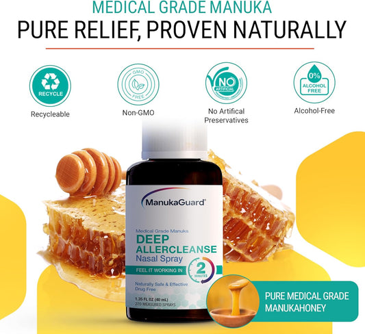 Manukaguard Deep Allercleanse Medical Grade Manuka Honey Nasal Spray- Congestion Relief Drug Free & Alcohol Free 1.3 Fl Oz