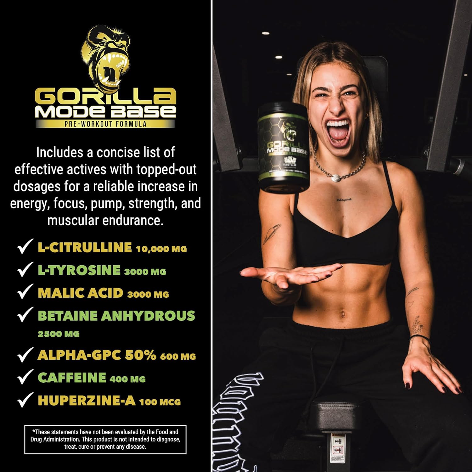 Gorilla Mode Base Pre Workout - Raises Nitric Oxide · Intense Focus & Drive · Endurance · Power - L-Citrulline, L-Tyrosine, Betaine, Alpha-GPC, Caffeine, Huperzine A - 360 Grams (White Gummy Bear) : Health & Household