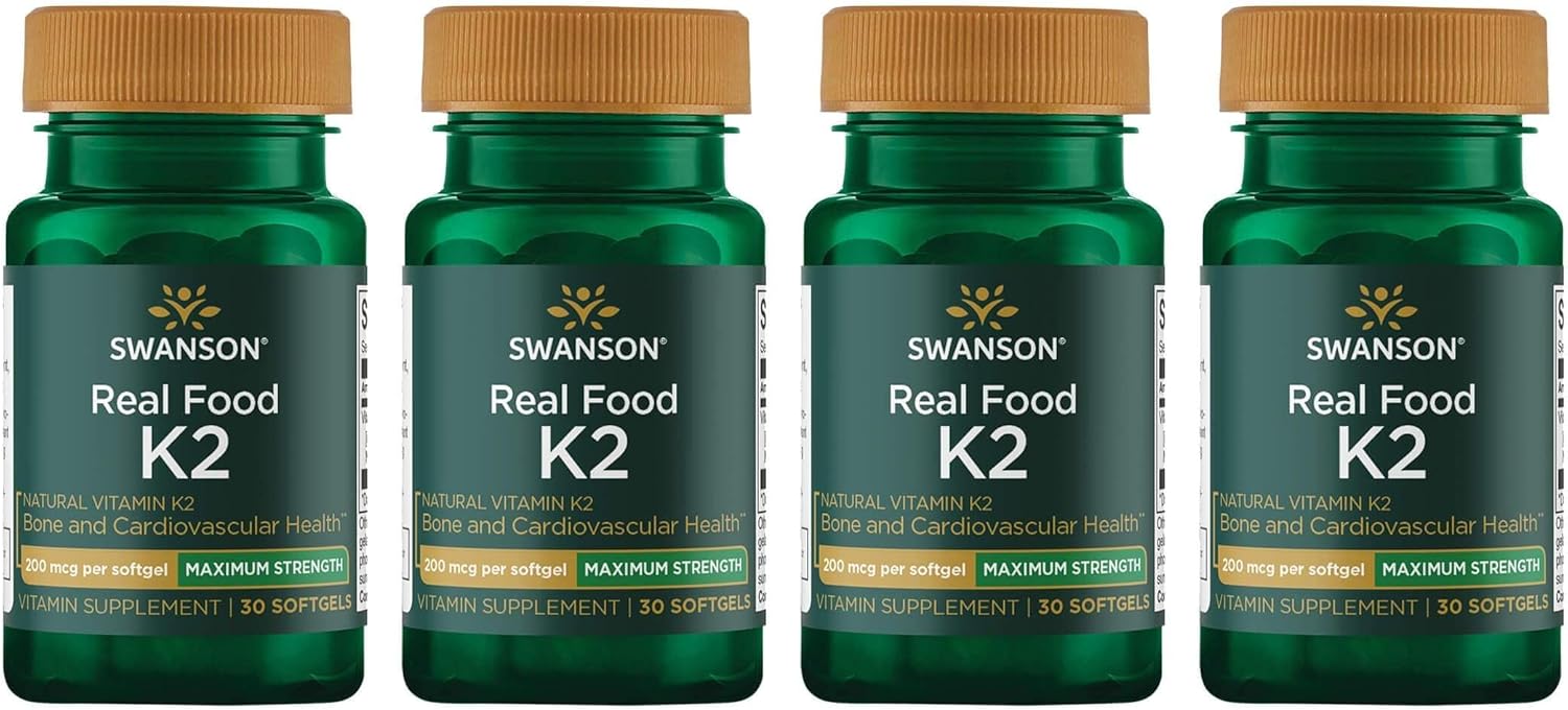 Swanson Maximum Strength Vitamin K2 (Menaquinone-7)-Vitamin Supplement Supporting Cardiovascular And Bone Health-Made From Japanese Natto To Help Regulate Calcium (30 Softgels, 200Mcg Each) 4 Pack