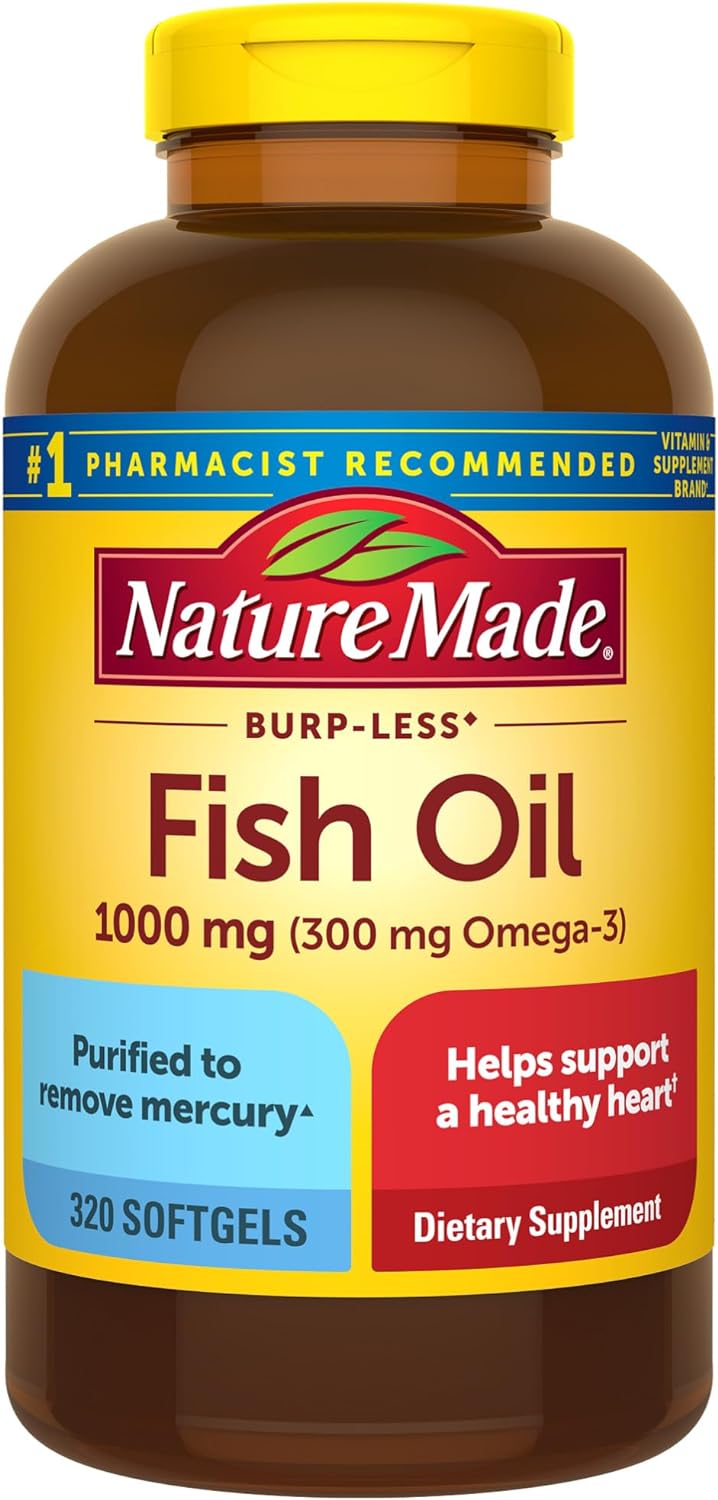 Nature Made Burp Less Fish Oil 1000 Mg Softgels, Fish Oil Supplements, Omega 3 Fish Oil For Healthy Heart Support, Omega 3 Supplement With 320 Softgels, 160 Day Supply