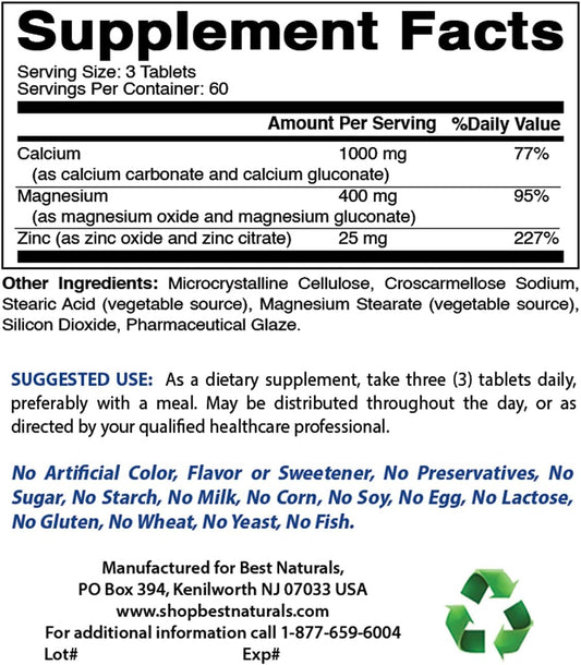 2 Packs - Best Naturals Calcium Magnesium Zinc - 180 Tablets - Essential Cal Mag Zinc Mineral Complex (Total 360 Tablets)