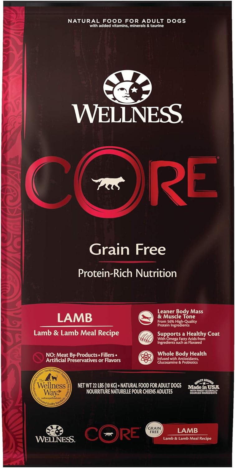 Wellness CORE Grain-Free High-Protein Dry Dog Food, Natural Ingredients, Made in USA with Real Meat, All Breeds, For Adult Dogs (Lamb, 22-Pound Bag)