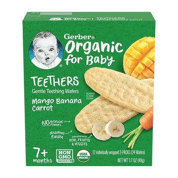 Gerber Snacks For Baby Teethers, Organic Gentle Teething Wafers, Mango Banana Carrot, 1.7 Ounce, 12 Count Box