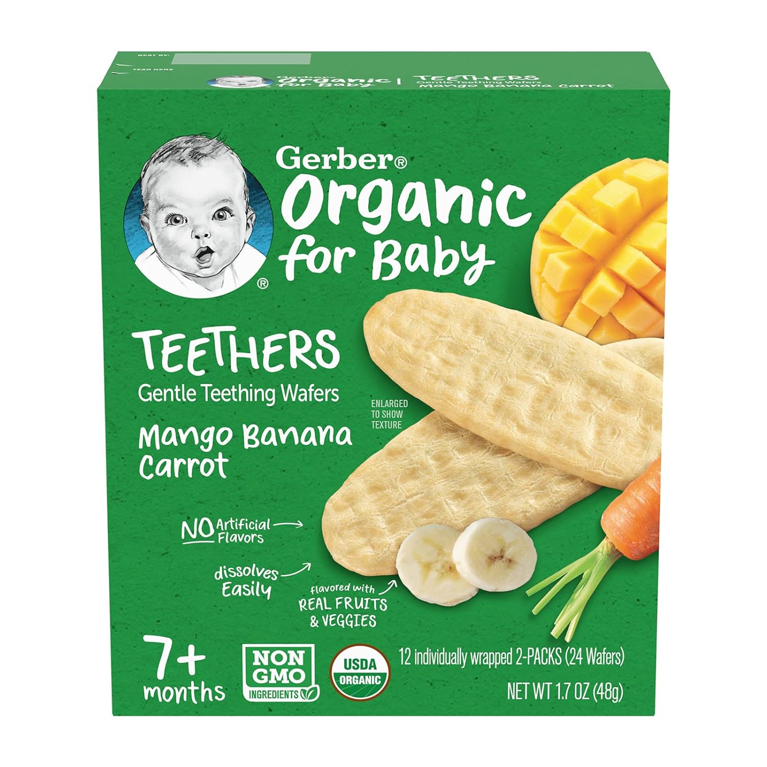 Gerber Snacks for Baby Teethers, Organic Gentle Teething Wafers, Mango Banana Carrot, 1.7 Ounce, 12 Count Box