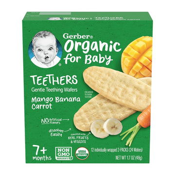 Gerber Snacks for Baby Teethers, Organic Gentle Teething Wafers, Mango Banana Carrot, 1.7 Ounce, 12 Count Box