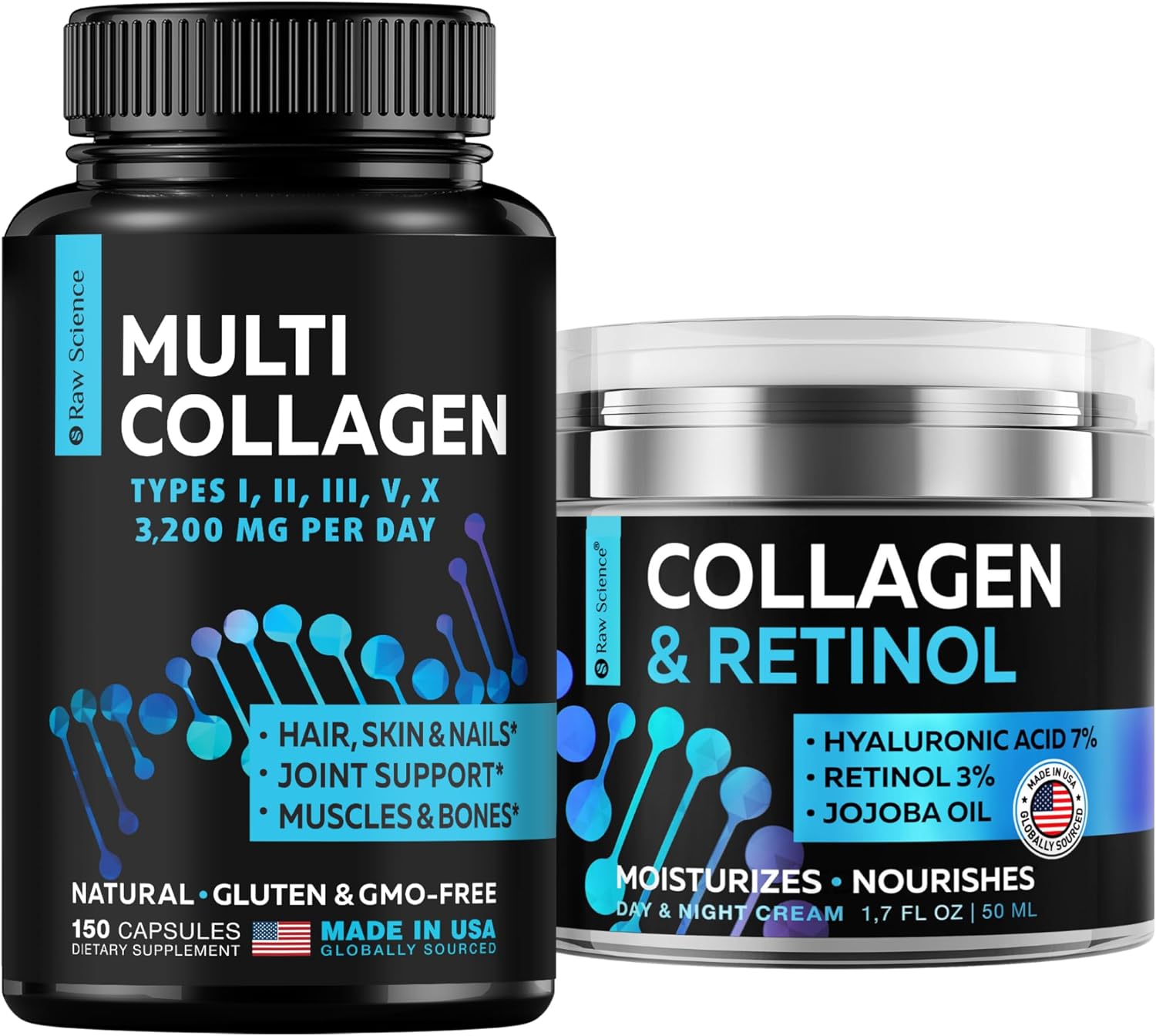S Raw Science Skin Revitalization - Anti-Aging Face Moisturizer & Hair, Skin, Nails And Joints Supplement - Collagen Day & Night Cream 1.7Oz And Multi Collagen Pills 1500Mg 90Pcs