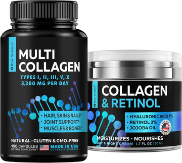 S Raw Science Skin Revitalization - Anti-Aging Face Moisturizer & Hair, Skin, Nails And Joints Supplement - Collagen Day & Night Cream 1.7Oz And Multi Collagen Pills 1500Mg 90Pcs
