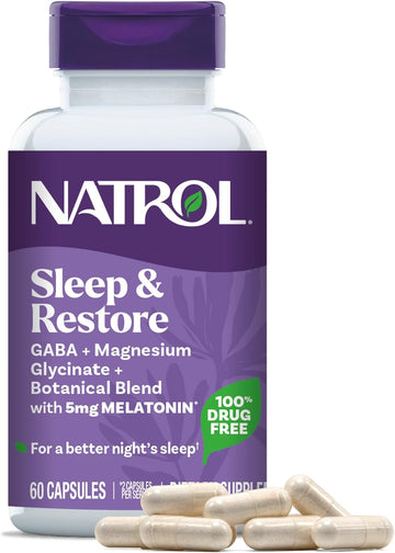 Natrol Sleep + Restore Capsules - Calm Magnesium Glycinate, Magnesium Sleep Aid With Gaba, Melatonin 5Mg, Botanical Blend, 30 Day Supply