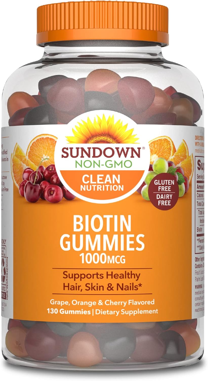Sundown Biotin Gummies , Supports Healthy Hair, Skin & Nails, Non-GMO, Free of Gluten, Dairy, Artificial Flavors, 1000 mcg, 130 Gummies
