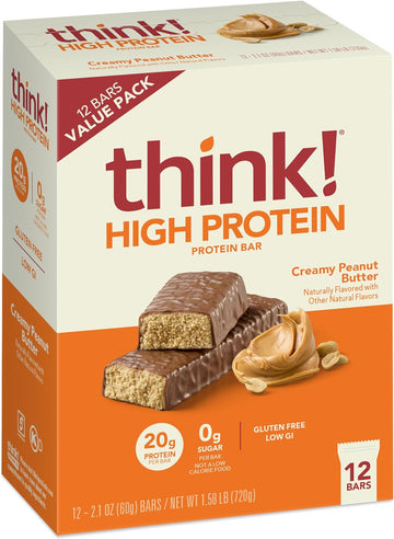 Think! Protein Bars, High Protein Snacks, Gluten Free, Kosher Friendly, Creamy Peanut Butter, Nutrition Bars, 2.1 Oz Per Bar, 12 Count (Packaging May Vary)