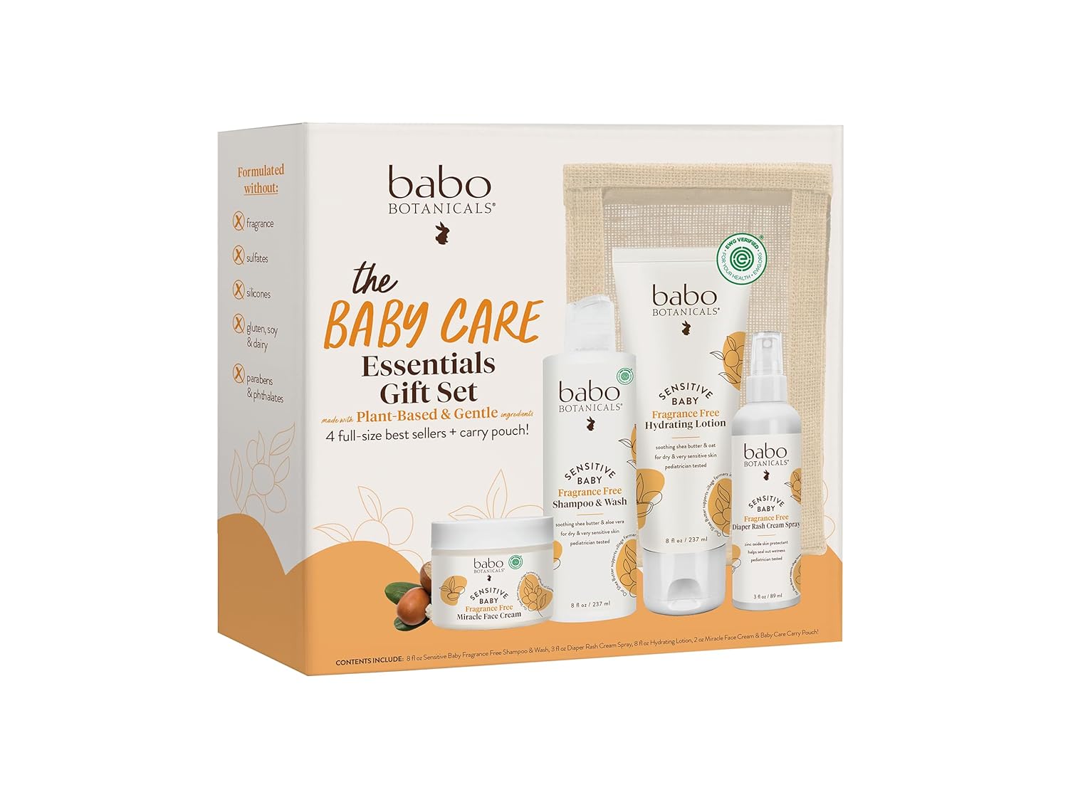 Babo Botanicals Baby Care Essentials Gift Set - Skincare, Bath & Diaper - For Delicate Skin, Fragrance-Free With Shea Butter, Includes Reusable Carry Pouch - Natural & Plant Based - 5 Items Set