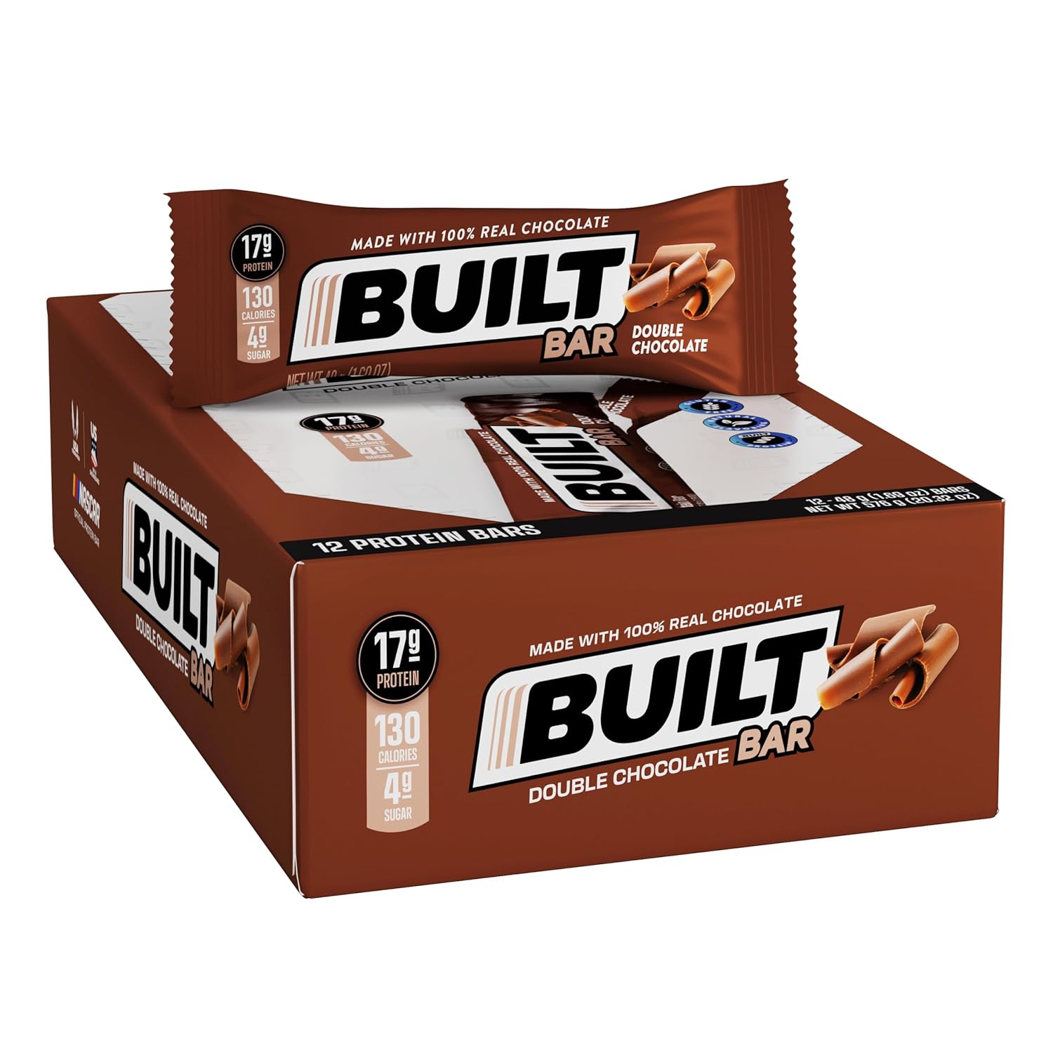 Built Protein Bars, Double Chocolate, 12 Count, 1.73Oz Bars, Gluten Free Protein Snacks With 17G Of High Protein. Chocolate Protein Bar Only 130 Calories & 4G Sugar, Great On The Go Protein Snack