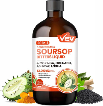 Vev Soursop Bitters Liquid, Graviola Extract Sugar-Free Formula, 16 Fl Oz, 20 In 1, With Black Seed, Moringa & Oregano, Digestive Health & Immune Function, Stress Relief, Sleep Support, Natural Flavor