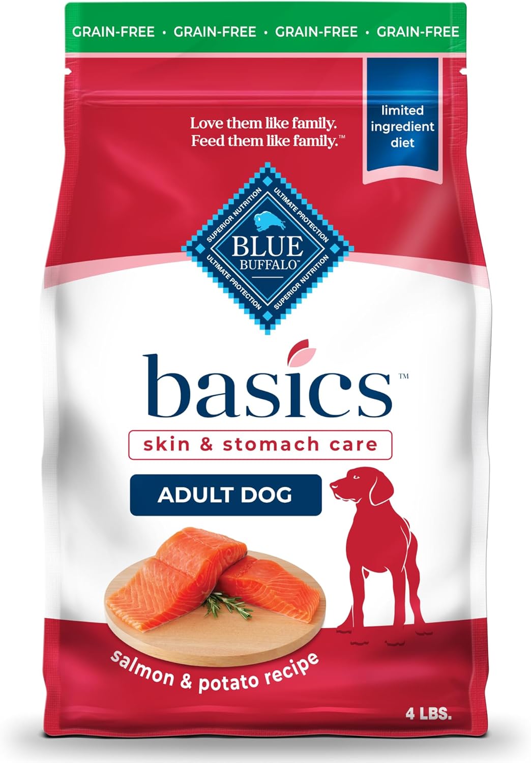 Blue Buffalo Basics Grain-Free Adult Dry Dog Food, Skin & Stomach Care, Limited Ingredient Diet For Dogs, Salmon Recipe, 4-Lb. Bag