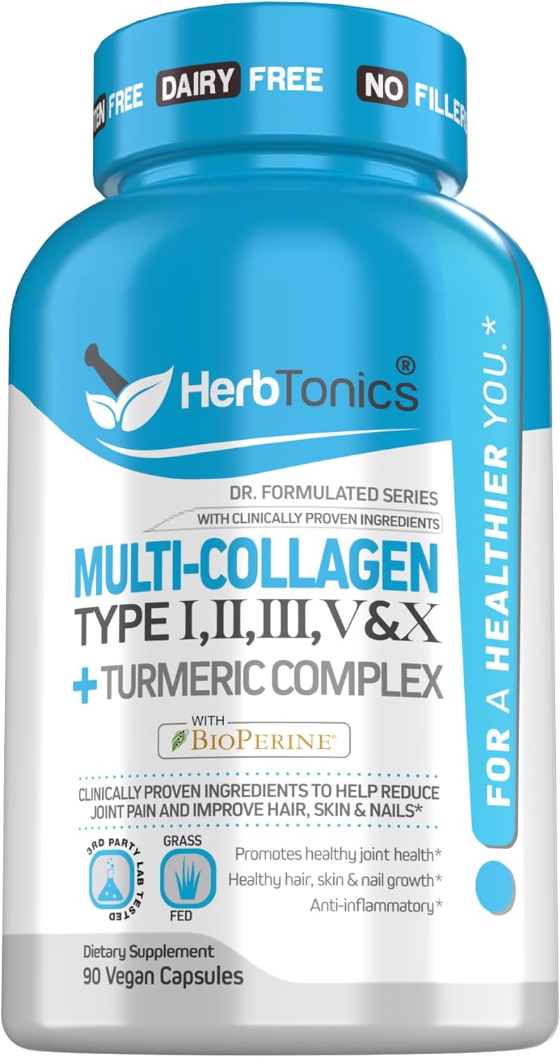 Multi Collagen Capsules (Types 1 2 3 5 and 10) | Hydrolyzed Protein Peptide Grass fed Plus Bone Broth Type 1 2 3 5 10 Healthy Hair Skin Nails (with Turmeric)