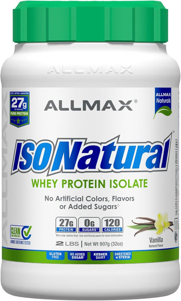 Allmax Isonatural Whey Protein Isolate, Vanilla - 2 Lb - 27 Grams Of Protein Per Scoop - Zero Fat & Sugar - 99% Lactose Free - With Prebiotics - No Artificial Flavors - Approx. 29 Servings