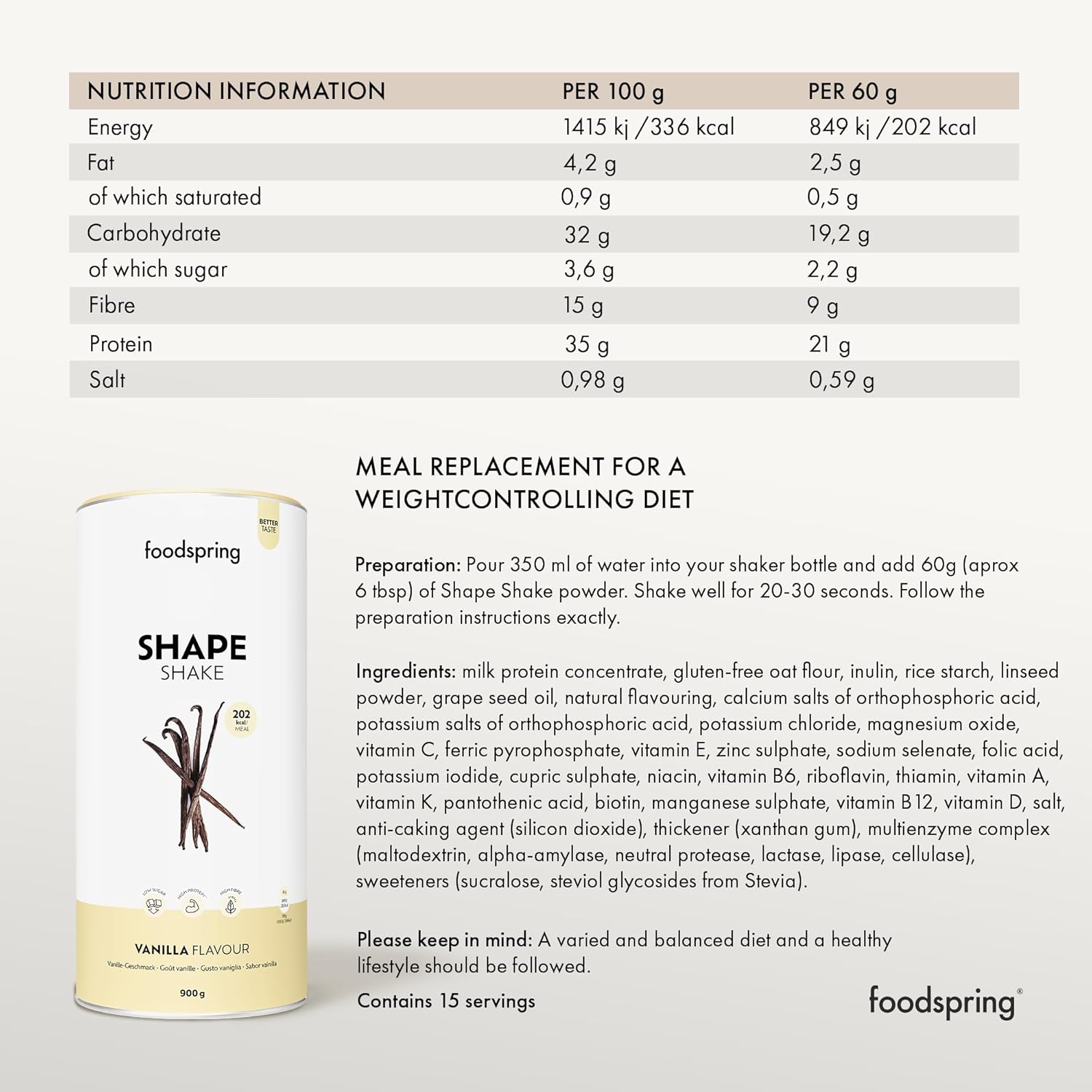 foodspring Shape Shake Vanilla - Complete meal-replacement shake for weight control with premium protein, Only 202 kcal per serving, Gluten-free - 900g : Amazon.co.uk: Health & Personal Care