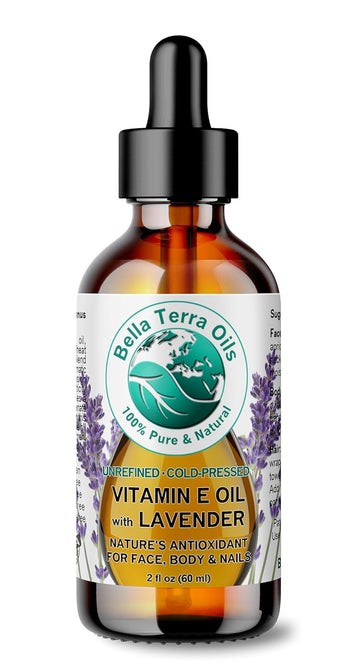 Bella Terra Oils - Organic Vitamin E Oil with Lavender 2 oz - Luxuriously Infused, Richest Source of D-Alpha Tocopherol, Organic Wheat Germ Derived, a Sublime, Nutrient-Dense Face Oil