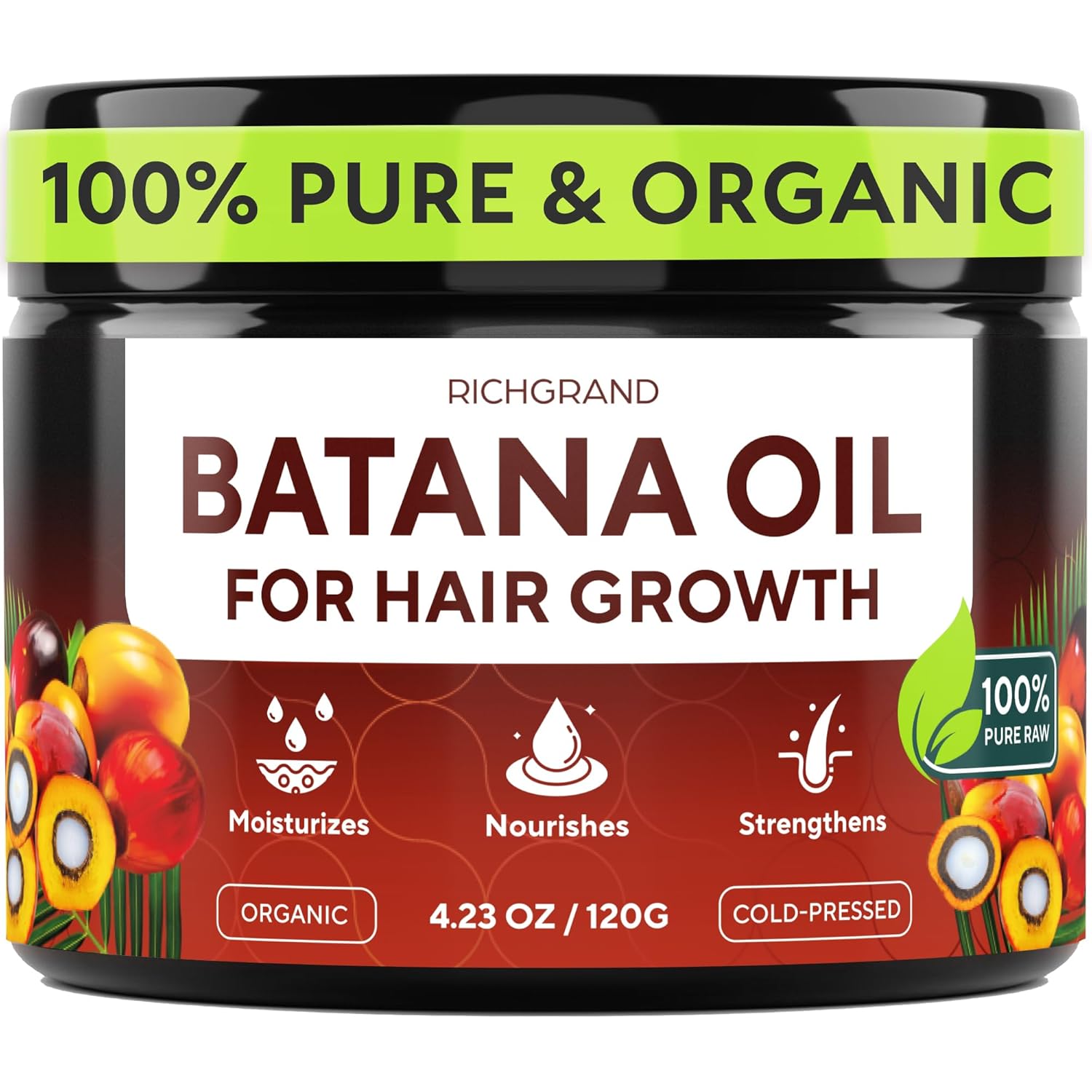 Batana Oil For Hair Growth - 100% Raw & Organic Dr Sebi Batana Oil - Cold-Pressed & Pure Unrefined Batana Hair Mask For Women & Men - Enhances Hair Thickness, Prevents Loss, Repairs Split Ends