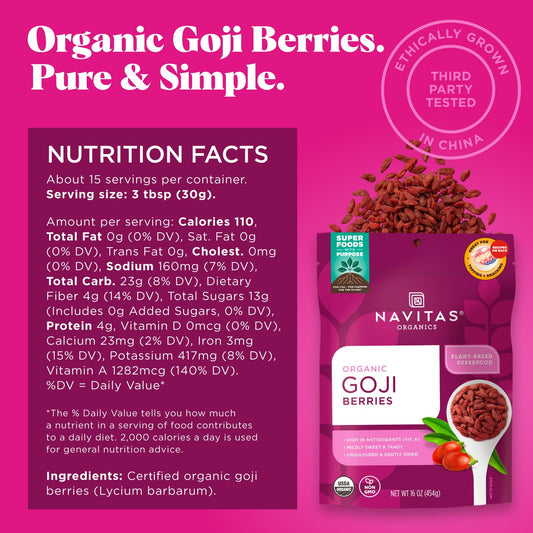 Navitas Organics Goji Berries, 16 Oz. Bag, 15 Servings — Organic, Non-Gmo, Sun-Dried, Sulfite-Free