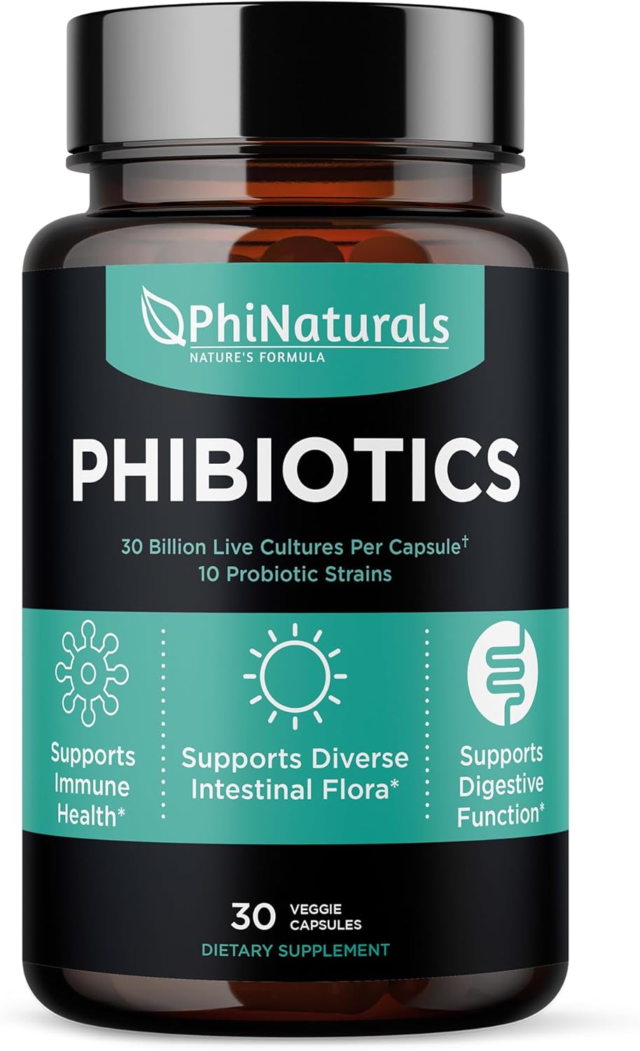 High Potency Probiotics 10 Strains 30 Billion Cfus Phinaturals – [30 Vegan Capsules] For Women And Men Digestive Gut Health - Lactobacillus Acidophilus Salivarius Rhamnosus Bifidobacterium Probioticos