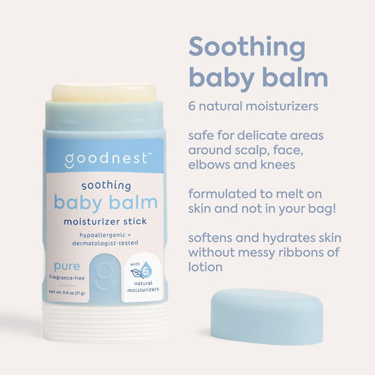 Goodnest® Baby & Toddler Travel Balm Stick - Fragrance-Free, Unscented, 6 Natural Moisturizers, Travel Balm, Organic Baby Balm, Hypoallergenic, Refillable Silicone Case For Dry & Sensitive Baby Skin