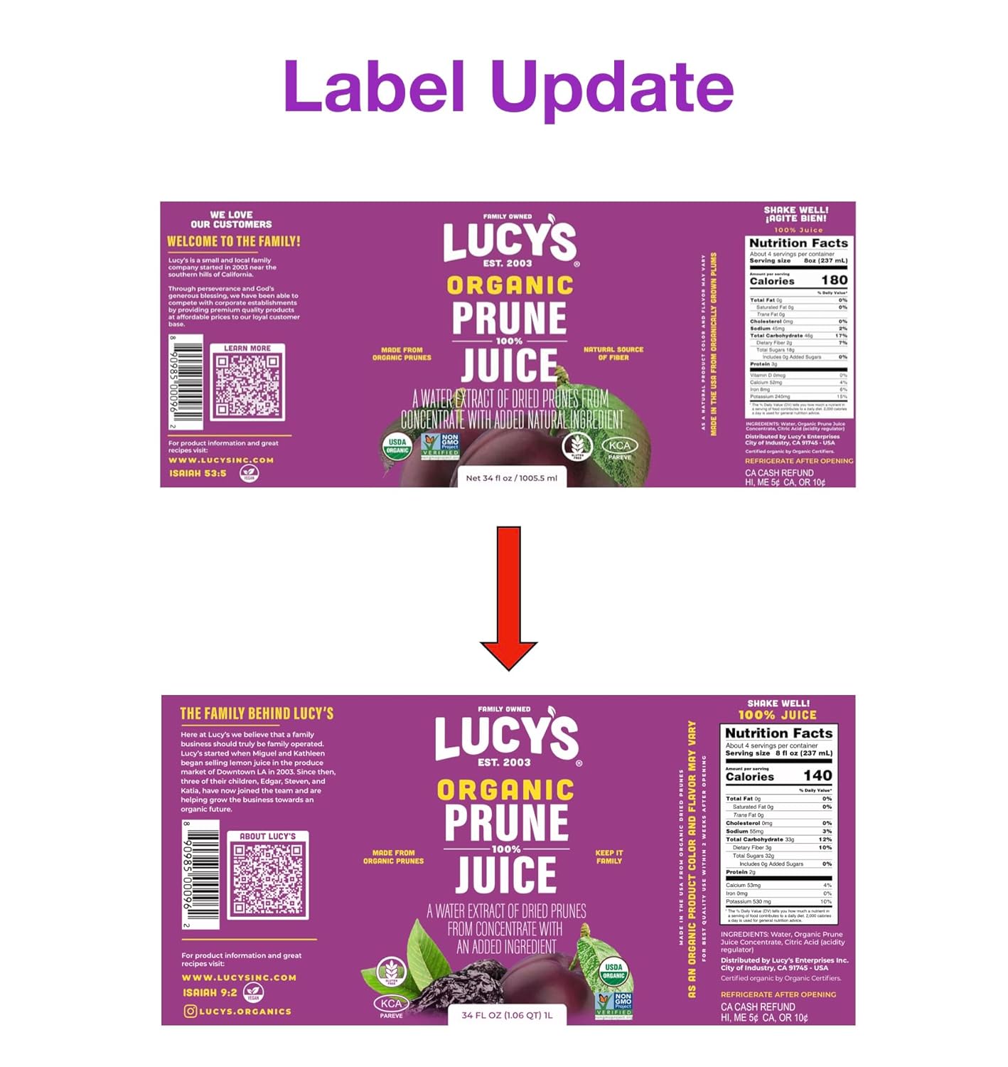 Lucy’S Family Owned - Organic Nongmo 100% Prune Juice, 34 Oz. Glass Bottle (Pack Of 2)