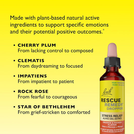 Bach Rescue Remedy, Orange Mango Flavor, Stress Relief, Homeopathic, Flower Essences, 20Ml