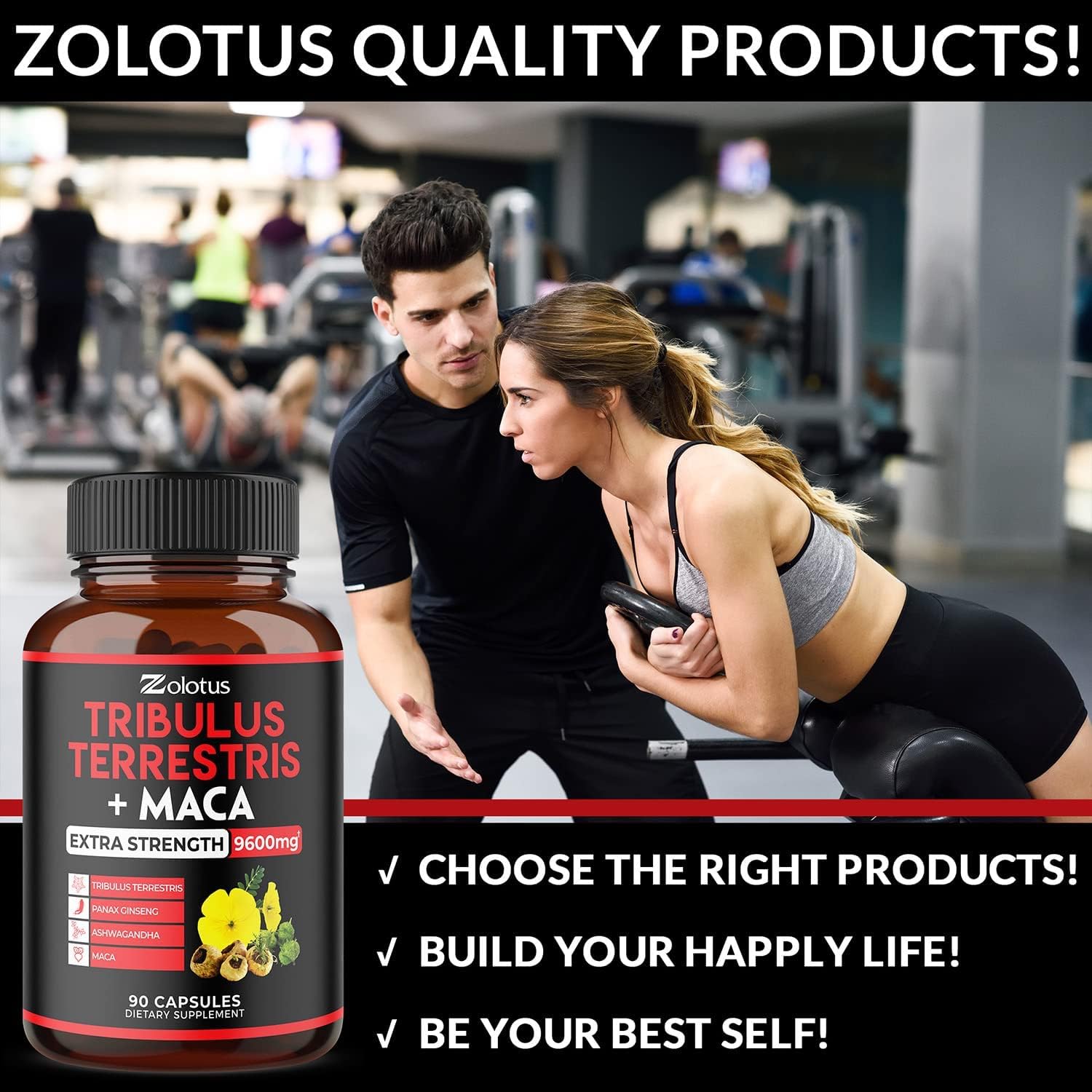 Zolotus Premium Tribulus Terrestris Capsules - 9600mg Per Serving - Combined with Ashwagandha, Panax Ginseng & Maca - Boost Energy, Mood, Stamina & Immune - 90 Counts for 3 Months : Health & Household