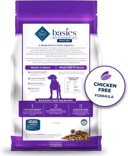 Blue Buffalo Basics Grain-Free Adult Dry Dog Food, Skin & Stomach Care, Limited Ingredient Diet For Dogs, Turkey Recipe, 4-Lb. Bag