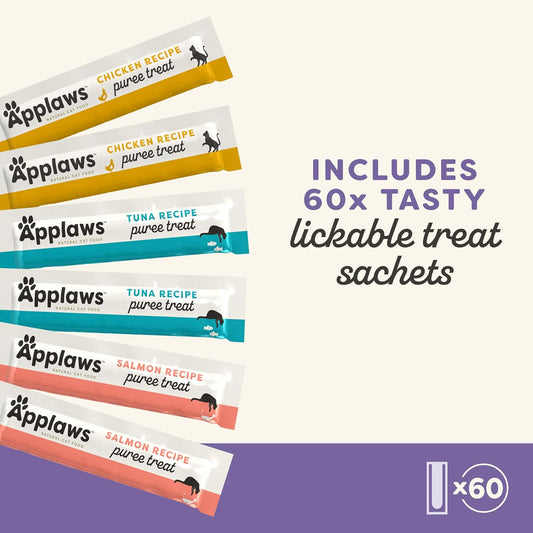 Applaws Lickable Cat Treats, Natural Grain-Free Purée, Limited Ingredient, Variety Of Chicken, Tuna, & Salmon Squeeze Up Cat Treats (60 X 0.5 Oz Sachets)
